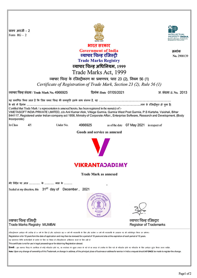 Vikrant Academy Trademark Registered Certificate